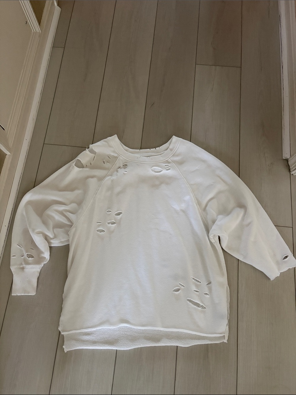 aerie White Distressed Men's Crewneck Sweater